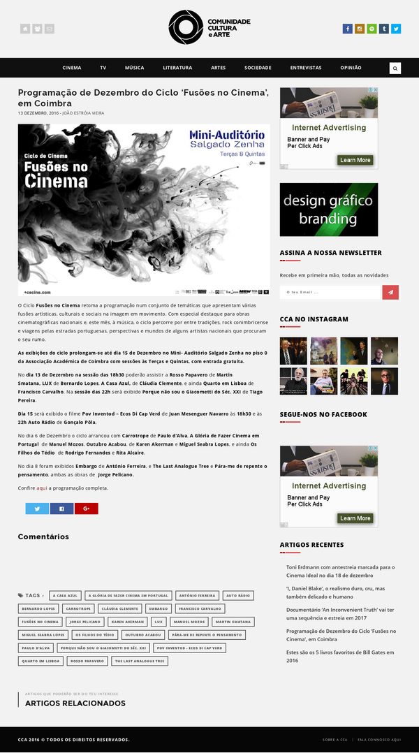 Programação de Dezembro do Ciclo ‘Fusões no Cinema’, em Coimbra – Comunidade Cultura e Arte