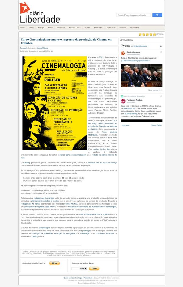 Curso Cinemalogia promove o regresso da produção de Cinema em Coimbra | Diário Liberdade