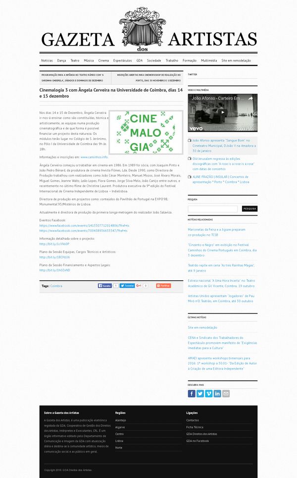 Cinemalogia 3 com Ângela Cerveira na Universidade de Coimbra, dias 14 e 15 dezembro | Gazeta dos A…