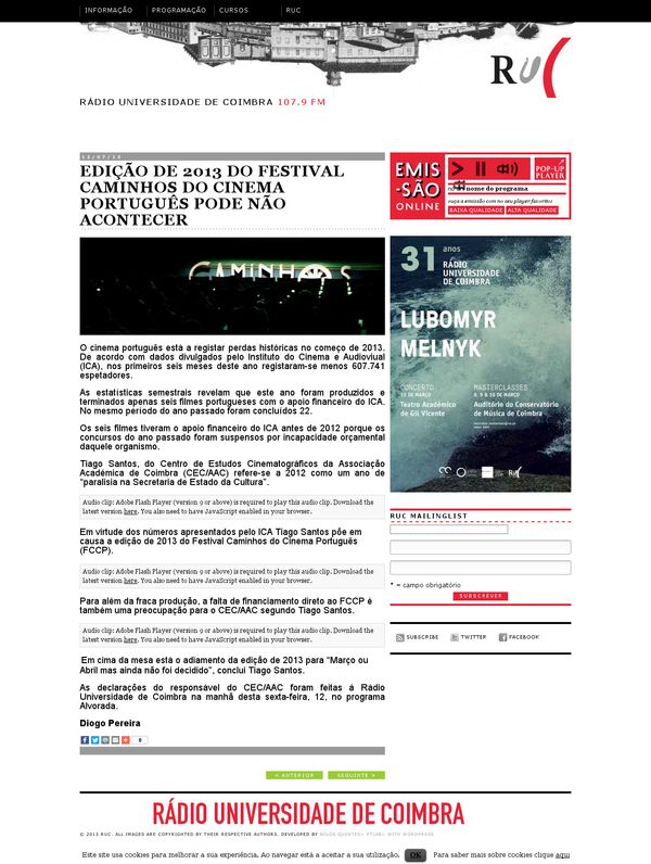 Edição de 2013 do Festival Caminhos do Cinema Português Pode Não Acontecer | RUC