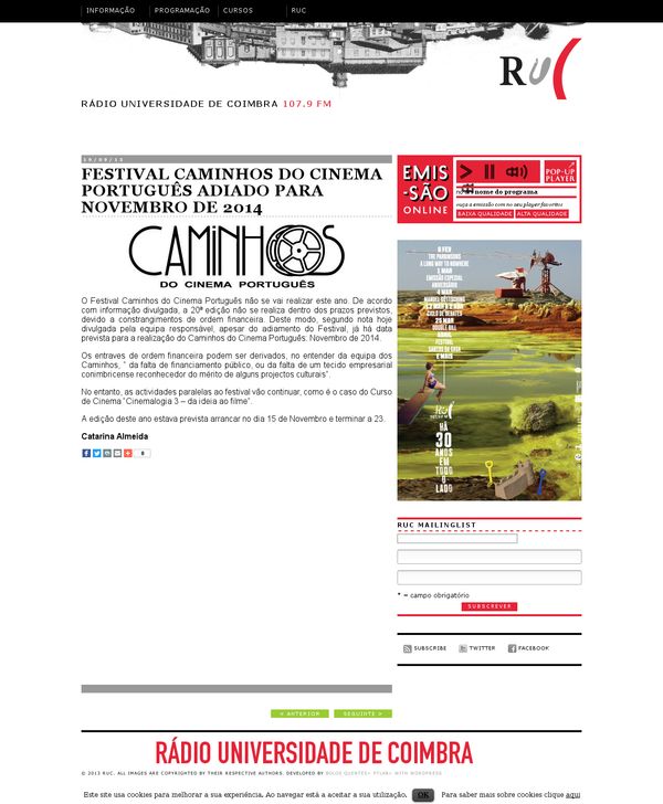 Festival Caminhos do Cinema Português adiado para Novembro de 2014 | RUC