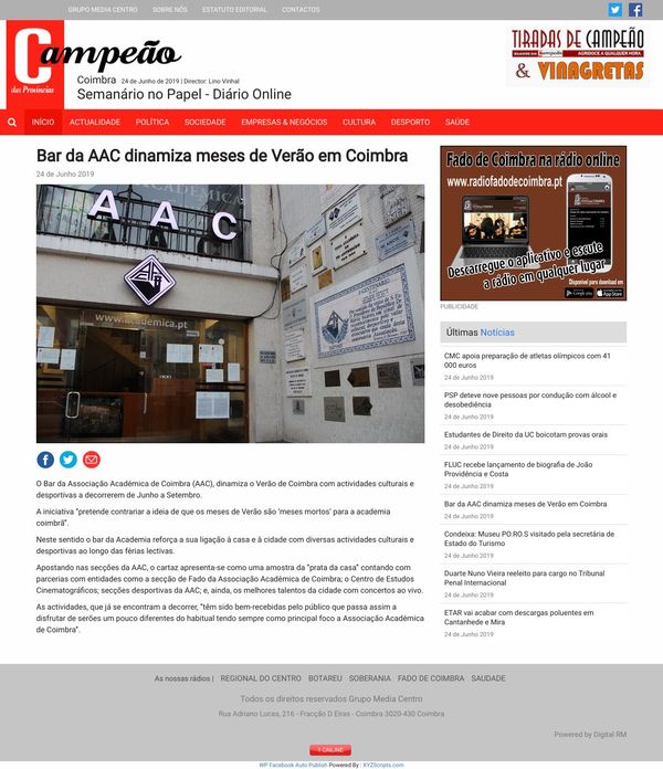 Bar da AAC dinamiza meses de Verão em Coimbra – Campeão das Províncias