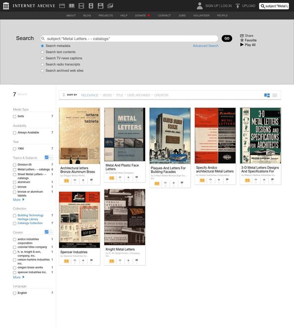 Internet Archive Search: subject:"Metal Letters - - catalogs"