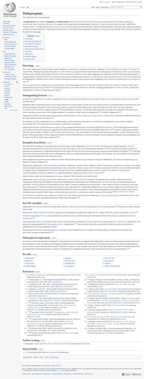 Malapropism - Wikipedia, the free encyclopedia
