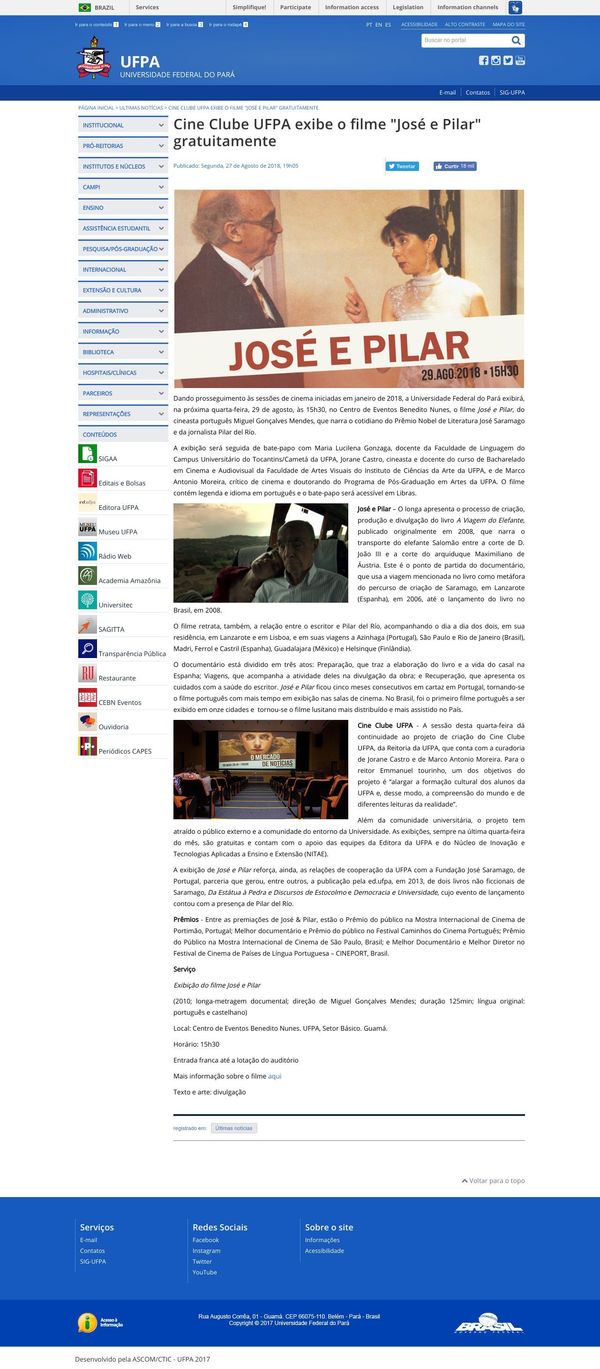Cine Clube UFPA exibe o filme "José e Pilar" gratuitamente
