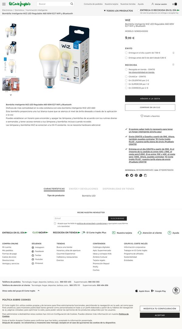 Bombilla inteligente WiZ LED Regulable A60 60W E27 WiFi y Bluetooth · El Corte Inglés
